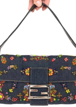 FENDI DENIM BEADED BAGUETTE SHOULDER BAG