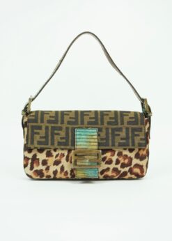FENDI LEOPARD CALF HAIR ZUCCA BAGUETTE WITH EXOTIC LIZARD DETAILING