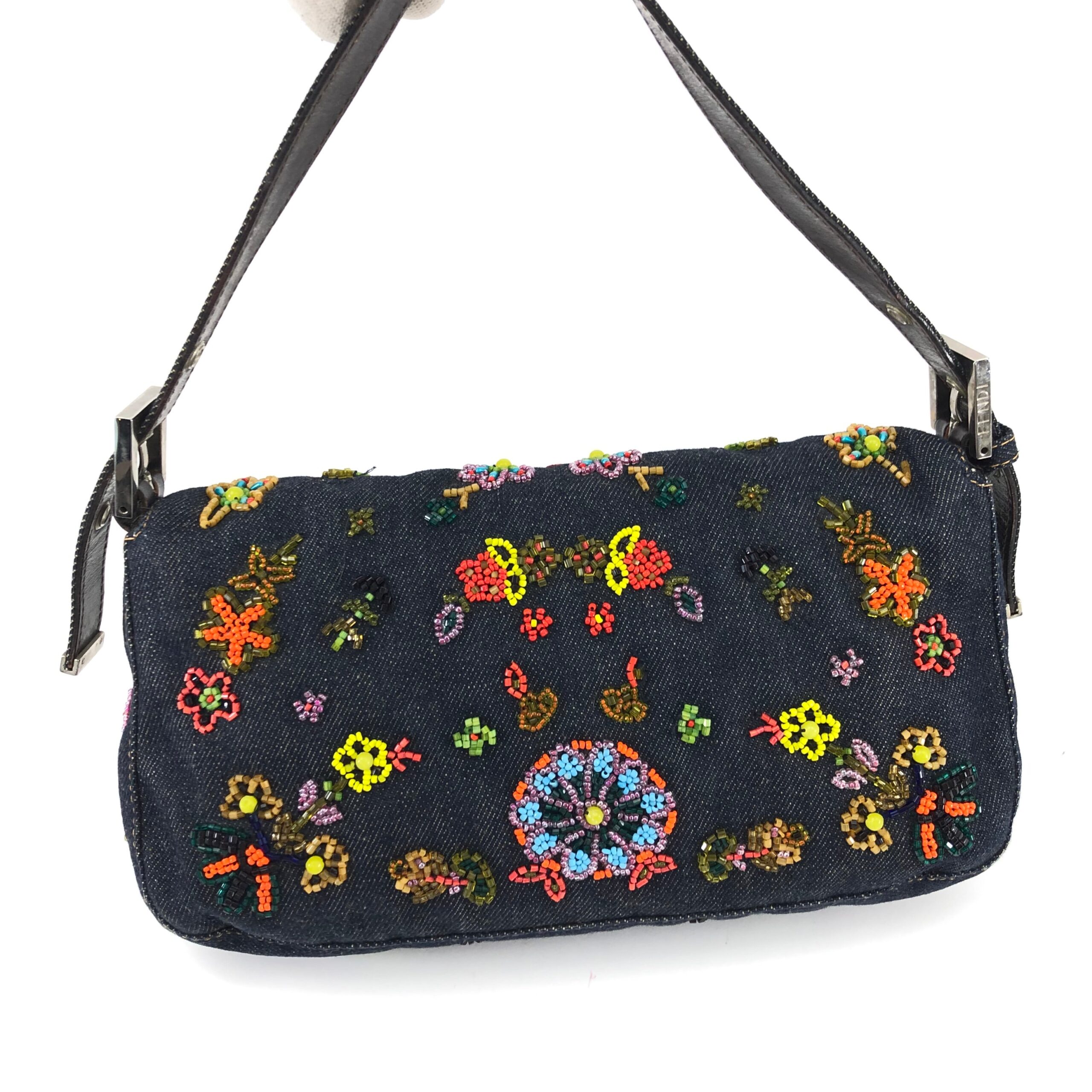 FENDI DENIM BEADED BAGUETTE SHOULDER BAG - Image 8