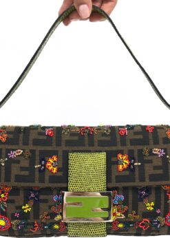 FENDI ZUCCA FLORAL BEADED BAGUETTE BAG WITH EXOTIC LIZARD DETAILING