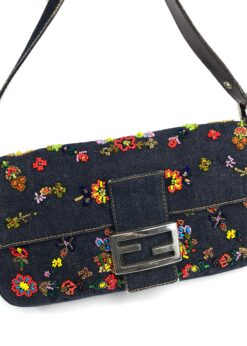 Alternative view of FENDI DENIM FLORAL BEADED BAGUETTE BAG
