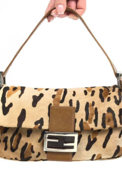 FENDI LEOPARD CALF HAIR BAGUETTE SHOULDER BAG