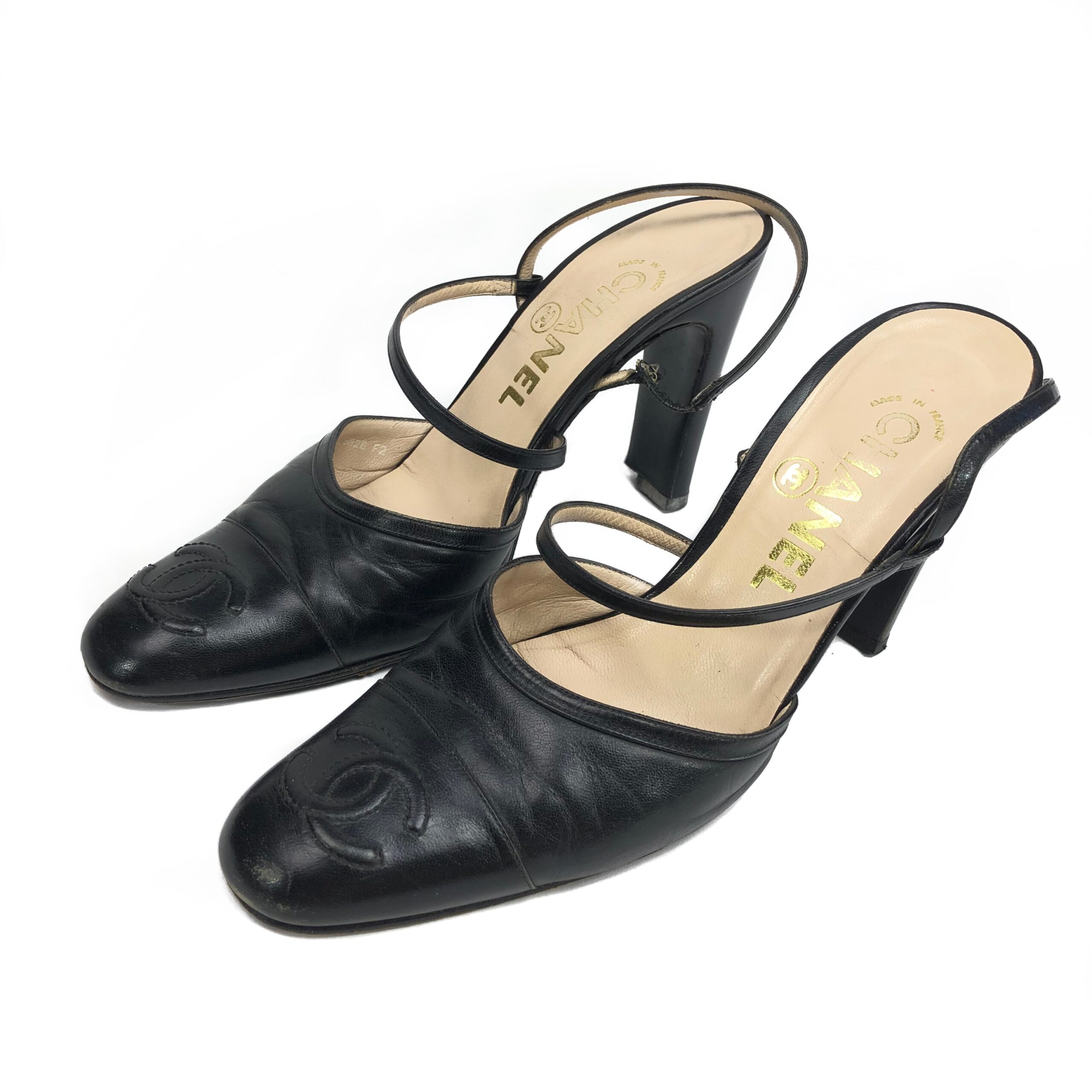 CHANEL LOGO SLING-BACK MULE HEELS - UK 4 / US 6 / EU 37