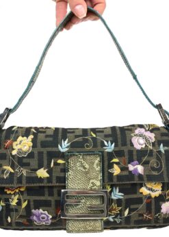 FENDI ZUCCA FLORAL EMBROIDERED BAGUETTE BAG WITH EXOTIC LIZARD DETAILING