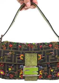 FENDI ZUCCA FLORAL BEADED BAGUETTE BAG WITH EXOTIC LIZARD DETAILING