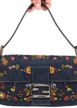 FENDI DENIM FLORAL BEADED BAGUETTE BAG