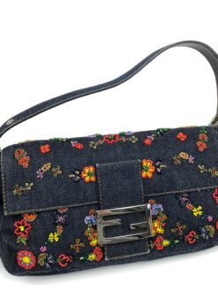 Alternative view of FENDI DENIM FLORAL BEADED BAGUETTE BAG