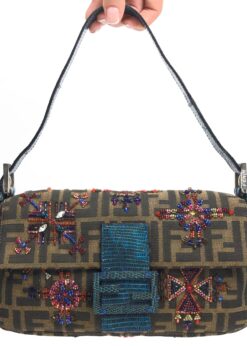 FENDI ZUCCA FLORAL BEADED BAGUETTE BAG WITH EXOTIC LIZARD DETAILING