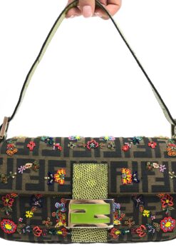 FENDI ZUCCA FLORAL BEADED BAGUETTE BAG WITH EXOTIC LIZARD DETAILING